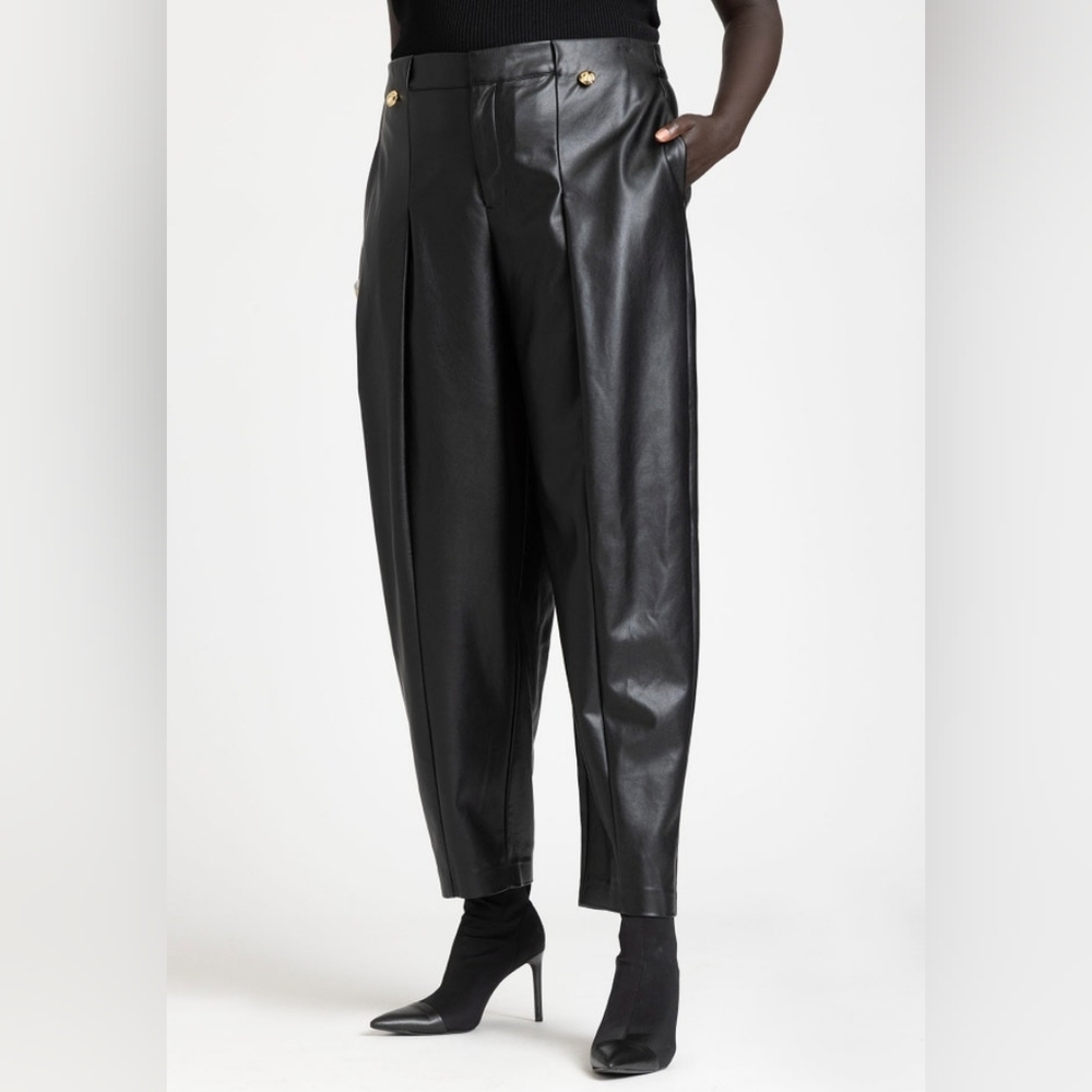 Women’s Black Faux Leather High-Waist Tapered Pants